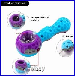 200PCS SILICONE SMOKING PIPE 4.3 With GLASS BOWL and Clean Tool-HoneyComb(Blue)