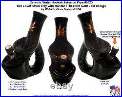 2 Level Stash Trays Gold Leaf Water Hookah Tobacco Pipe Black Ceramic Glass 0723