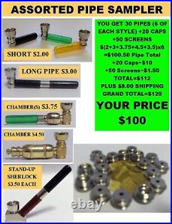 30 Metal Smoking Pipes6 each of 5 styles+20 caps + 50 screens-WHOLESALE LOT