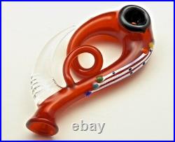 4.75 Collectible Handblown Art Glass Hand Smoking Bowl Pipe Red Swirl Horn
