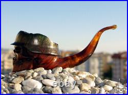 ANGRY SKULL GERMAN HELMET WW2 Briar Wood Tobacco Smoking Pipe by Oguz Simsek