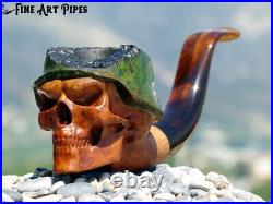 Angry Soldier Skull with Steel Helmet Briar Wood Tobacco Pipe by Oguz Simsek