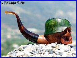 Angry Soldier Skull with Steel Helmet Briar Wood Tobacco Pipe by Oguz Simsek