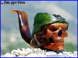 Angry Soldier Skull with Steel Helmet Briar Wood Tobacco Pipe by Oguz Simsek