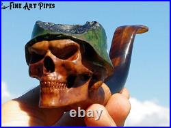 Angry Soldier Skull with Steel Helmet Briar Wood Tobacco Pipe by Oguz Simsek