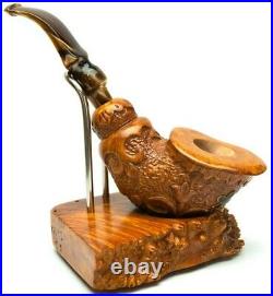 Briar Pipe Kit Freehand Bent Horn Tobacco Pipe + Wooden Stand for Smoking Bowl