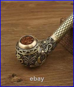 Buddha Leaf Pipe Solid Brass Many Accessories Gift Boxed Gold Smoking Aid Curio