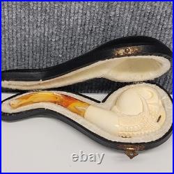 CUSTOM HAND CARVED MEERSCHAUM SKULL SMOKING PIPE MADE IN TURKEY WithCASE