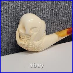 CUSTOM HAND CARVED MEERSCHAUM SKULL SMOKING PIPE MADE IN TURKEY WithCASE