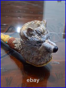 Carved Wolf Head Collectible Tobacco Smoking Pipe, Long Stem, Inscribed, Gray
