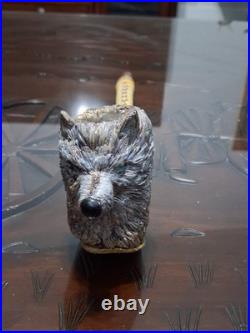 Carved Wolf Head Collectible Tobacco Smoking Pipe, Long Stem, Inscribed, Gray