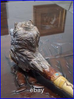 Carved Wolf Head Collectible Tobacco Smoking Pipe, Long Stem, Inscribed, Gray