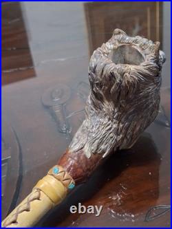Carved Wolf Head Collectible Tobacco Smoking Pipe, Long Stem, Inscribed, Gray