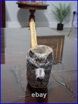 Carved Wolf Head Collectible Tobacco Smoking Pipe, Long Stem, Inscribed, Gray