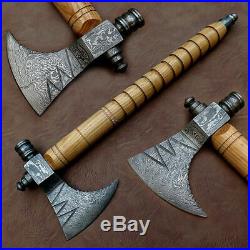 Custom Hand Made Damascus Steel Smoking Pipe Tomahawk, Axe Hatched