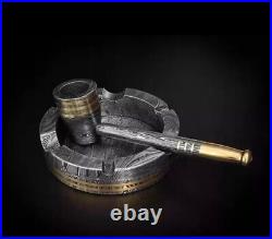 Custom Handmade Damascus Steel Collectible Smoking Pipe with Ashtray