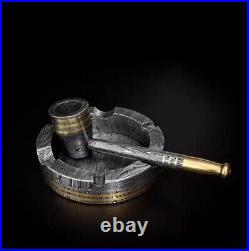 Custom Handmade Damascus Steel Collectible Smoking Pipe with Ashtray