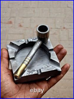 Custom Handmade Damascus Steel Collectible Smoking Pipe with Ashtray GIFT 4 HIM