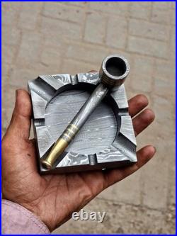 Custom Handmade Damascus Steel Collectible Smoking Pipe with Ashtray GIFT 4 HIM
