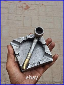 Custom Handmade Damascus Steel Collectible Smoking Pipe with Ashtray GIFT 4 HIM