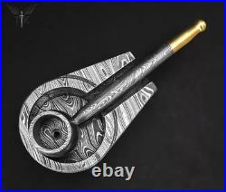 Custom Handmade Damascus Steel Collectible Smoking Pipe with Ashtray and Sheath