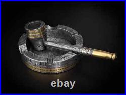 Custom Handmade Damascus Steel Collectible Smoking Pipe with Ashtray and Sheath