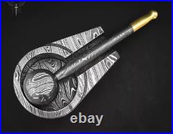 Custom Handmade Damascus Steel Collectible Smoking Pipe with Ashtray and Sheath