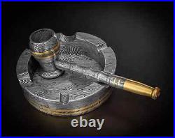 Custom Handmade Damascus Steel Collectible Smoking Pipe with Ashtray and Sheath