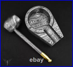 Custom Handmade Damascus Steel Collectible Smoking Pipe with Ashtray and Sheath