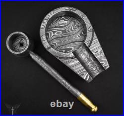 Custom Handmade Damascus Steel Collectible Smoking Pipe with Ashtray and Sheath