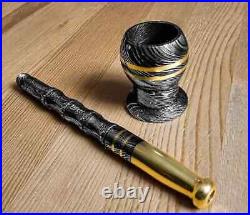 Custom Handmade Damascus Steel Collectible Smoking Pipe with Ashtray and Sheath