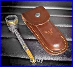 Custom Handmade Damascus Steel Collectible Smoking Pipe with Leather Sheath