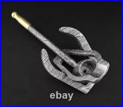 Custom Handmade Damascus Steel Collectible Smoking Pipe with Pipe stand Sheath