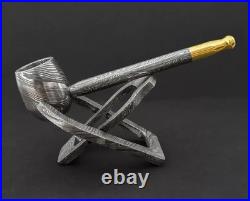 Custom Handmade Damascus Steel Collectible Smoking Pipe with Pipe stand Sheath