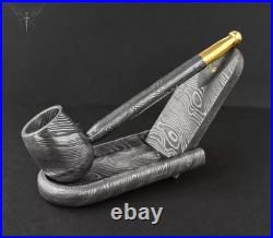 Custom Handmade Damascus Steel Collectible Smoking Pipe with Pipe stand Sheath
