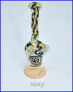 Glass OVG Cane Standup Bubbler Clear with Squiggle Colors Tobacco Pipe Handmade