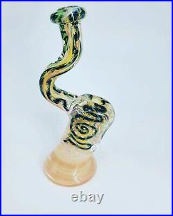 Glass OVG Cane Standup Bubbler Clear with Squiggle Colors Tobacco Pipe Handmade