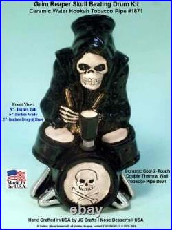 Grim Reaper Skull on Drum Kit Ceramic Bong Water Hookah Tobacco Pipe 1871 USA