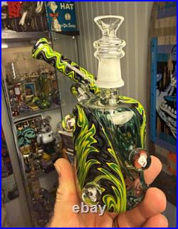 Hand Blown Glass Tobacco Pipe, Clear Body With Green & Black Accents