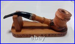 Hand Carved Bamboo Style Tobacco Pipe with Handmade Wooden Stand Pear Wood