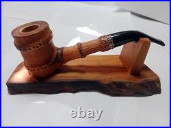 Hand Carved Bamboo Style Tobacco Pipe with Handmade Wooden Stand Pear Wood