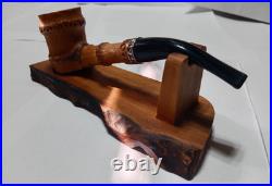 Hand Carved Bamboo Style Tobacco Pipe with Handmade Wooden Stand Pear Wood