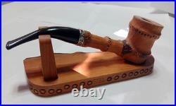 Hand Carved Bamboo Style Tobacco Pipe with Handmade Wooden Stand Pear Wood