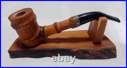 Hand Carved Bamboo Style Tobacco Pipe with Handmade Wooden Stand Pear Wood