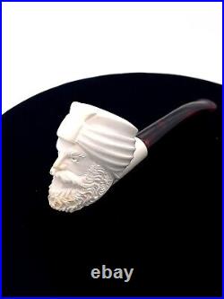 Hand-Carved Meerschaum Smoking Pipe Detailed Turbaned Head Design with Case