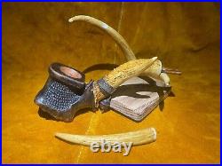 Hand Made Briar And Deer Antler Tobacco Pipe With Matching Stand And Tamper