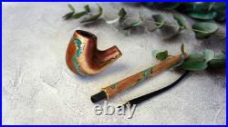 Handcrafted wooden tobacco pipe with Turquoise inlay, long steam