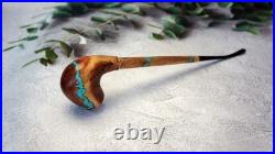 Handcrafted wooden tobacco pipe with Turquoise inlay, long steam