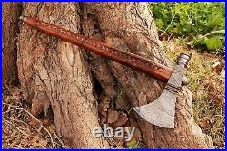 Handmade Damascus Steel Blade Functional Smoking Pipe Tomahawk Rose Wood Handle