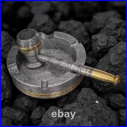 Handmade Damascus Steel Smoking Pipe, Brass Metal Pipe with Damascus Ashtray